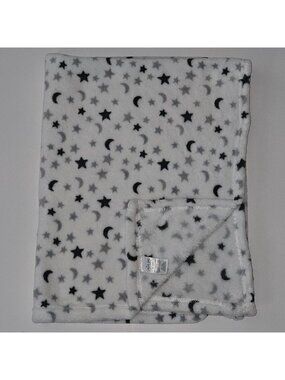 Cutie Pie Gray Stars Moons White Fleece Baby Blanket Soft 30" x 36"